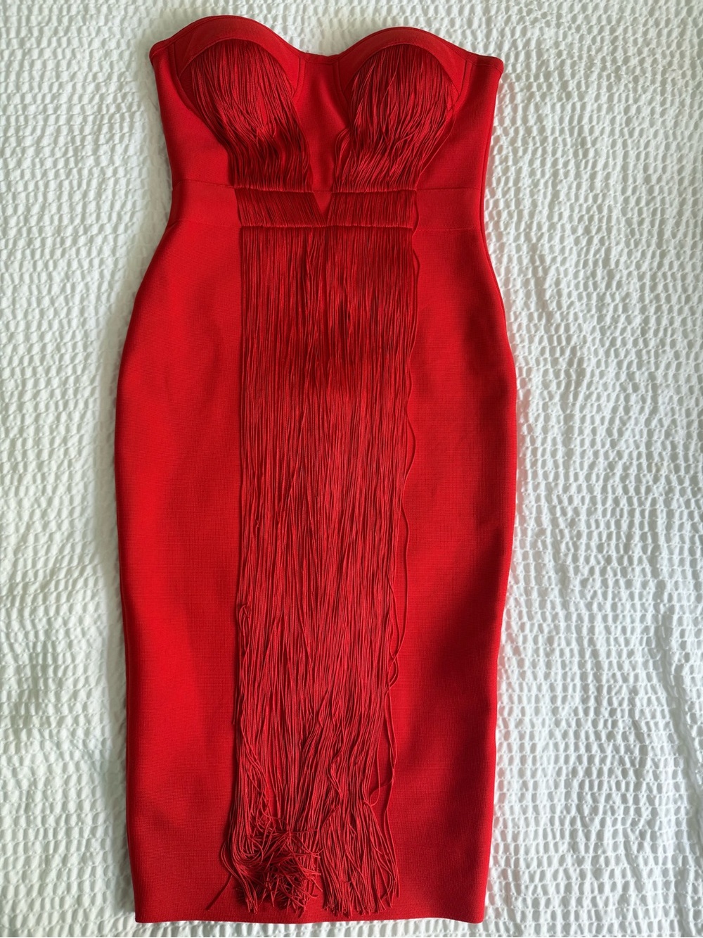 Red Strapless Fringe Bodycon Dress - Picture 3 of 5